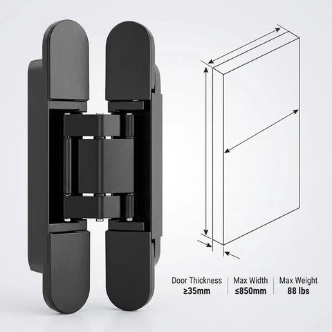 Sleek Hidden 6 Inch Adjustable Door Hinges 4 Pack Zinc Alloy With 180 Degree Swing For Doors Up To 850mm Wide And 88 lb Capacity 0 To 35mm Thickness Matte Black Finish Full 3D Alignment For Ultra Clean Modern Interiors showing hinge design and specifications.