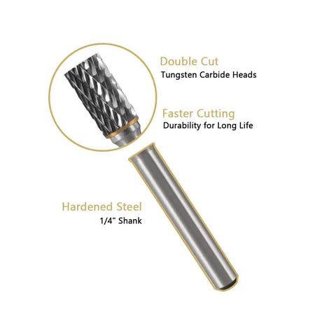 Double Cut Tungsten Carbide Burr with 1/4 inch Shank showing cutting head for metal and wood engraving and polishing