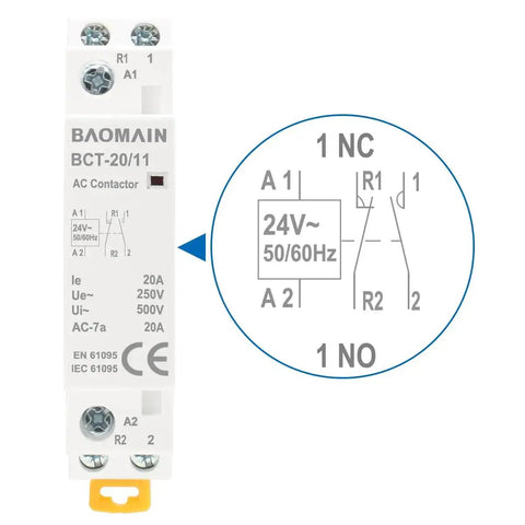 24V AC 2-Pole Modular Contactor With 1NO1NC Contacts, 20A Rating, DIN Rail Mount For HVAC, Motor, Pump And Lighting Control
