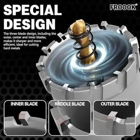 Close-up of a carbide hole saw from Heavy Duty 22 Piece Carbide Hole Saw Kit For Metal With Titanium Pilot And 3 L Wrenches Pro Grade TCT Cutters For Stainless Steel Iron Aluminum And Other Metals From FROOOK, showing inner, middle, and outer blades.