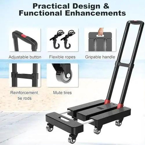 Beast Tough Folding Hand Truck 500 Lbs Dolly Cart With 6 Wheel Design, Telescoping Handle on beach with features highlighted