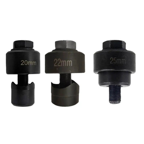 Three Piece Metal Sheet Knockout Box Hole Cutter Conduit Punch Die Set for clean precise holes in 20mm, 22mm, 25mm sizes.