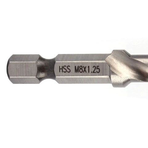 Close-up of All In One HSS Drill Tap Bit M8 X 1.25 Self Centering Chamfering Tool For Soft Metals Iron And Aluminum