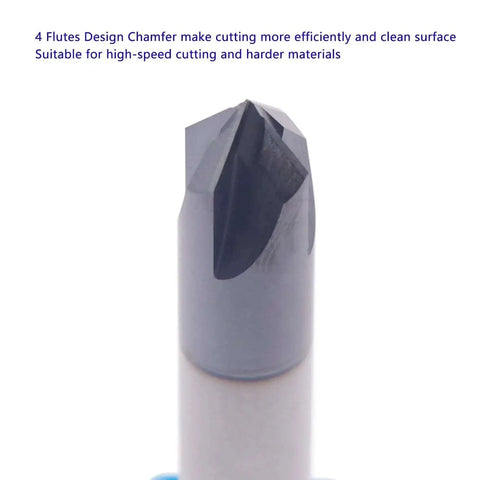 Rugged Solid Carbide End Mill For Chamfering With AlTiN Coating, Double End, Four Flute, Ninety Degree Chamfer, close-up view.