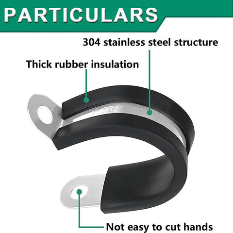 Close-up of cushioned rubber coated insulated clamp from 110 Piece Stainless Steel Cable Clamps Set With 10 Sizes For Automotive Wiring Pipe And Home Projects DIY Friendly OURU.