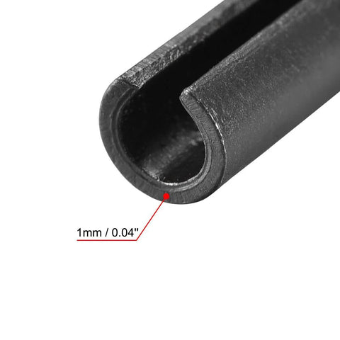 Close-up of Slotted Spring Pin 5mm x 50mm Plain Finish 65Mn Steel showing 1mm thickness detail from Assortment Kit.