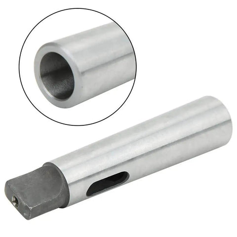 MT3 to MT2 taper drill sleeve reducing adapter; side view, silver metal body with through-hole and side slot.
