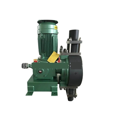 Front view of heavy duty diaphragm metering pump with precise fluid dosing for chemical processing and water treatment applications.