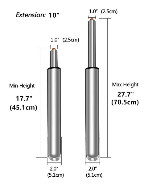 Diagram showing Beefy Adjustable Gas Lift Cylinder Tube for Bar Stools and Drafting Chairs Replacement Parts with dimensions.