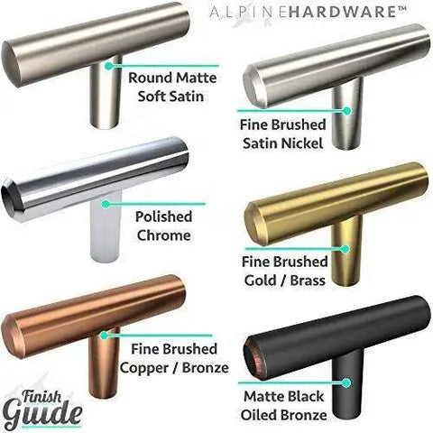 Finish guide of Solid Stainless Steel Euro Style Bar Cabinet Pulls with various metal tones including oil rubbed bronze.