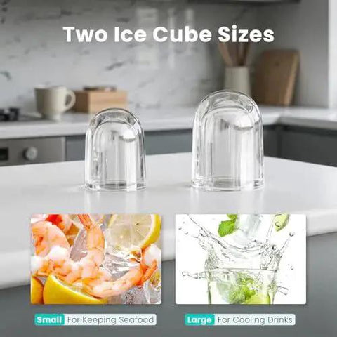 Portable Countertop Ice Maker 26 Lbs Per Day Auto Clean Basket And Scoop showing small and large ice cube sizes