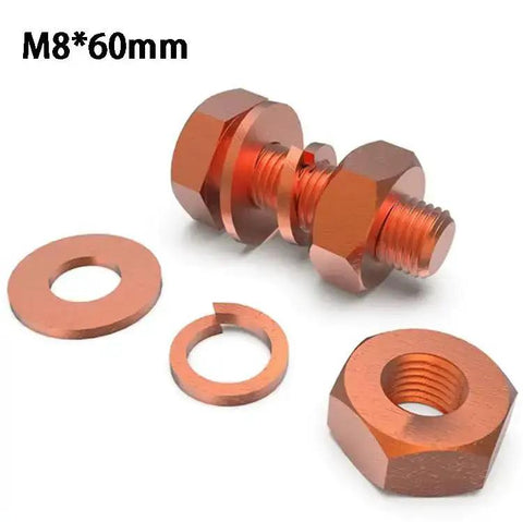 4 Pack M8 60mm Hex Bolts Kit With Nuts, Flat Washers And Spring Lock Washers In T2 Conductive Pure Copper Hex Head Screws