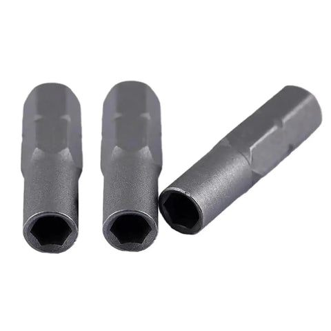 Three 3 Pack Quarter Inch To Micro 6.35mm Hex Socket Screwdriver Bit Adapters, 25mm Long, made of S2 Alloy Steel, magnetic head sleeve.