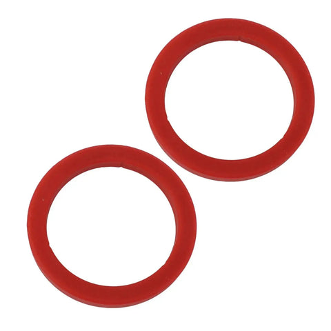 Two red silicone gaskets for modern espresso machines, including Gaggia models, replacement for E61 group head portafilter seal, BPA-free, 8mm thickness.