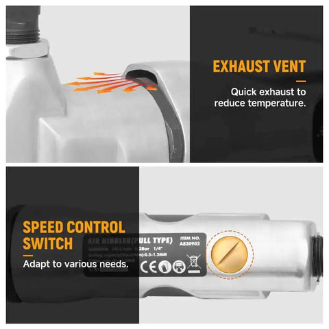 Close-up of Air Nibbler Pneumatic Metal Cutter's exhaust vent and speed control switch for versatile 3600 RPM cutting in 0.5-1.2 mm metals
