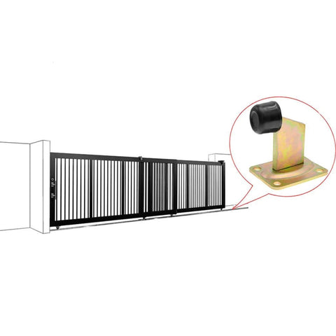 Heavy Duty Gate End Stop Floor With Base For Sliding Gate And Driveway Gate Swing Door Rolling Gate Rubber Stop Mount Keeps Gate Open In Full Open Position Zinc Plated Steel Construction shown in front view with black sliding gate.