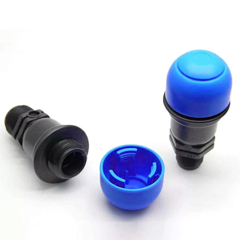 Air relief valve 3/4 in for irrigation drip system, blue cap on black body, 3-piece set, Amazon Lawn & Patio