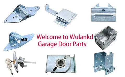 Assorted galvanized garage door hardware, including hinges, brackets, and locks on a white background with 'Welcome to Wulankd Garage Door Parts' text