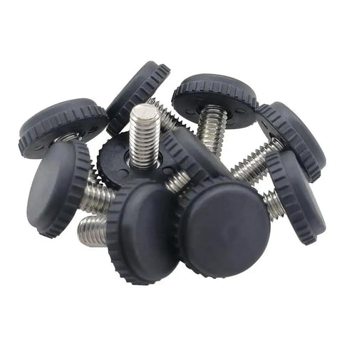 Stainless Steel Adjustable Furniture Levelers 10 Pack 5/16-18 Screw In Threaded Feet with black bases shown from top view