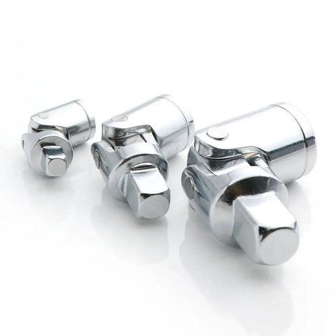 Three-piece chrome vanadium universal joint adapters for 1/4, 3/8, and 1/2 inch drive sockets