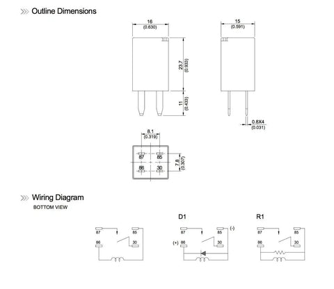 Dimensions and wiring diagram for 10 Pack 12V DC SPST Auto Relay 20A 960mW Coil Ultra Micro ISO Form A Automotive Relay.