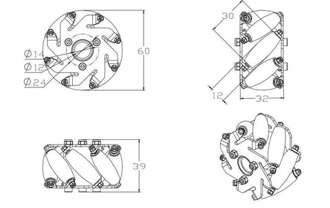 Technical diagram of 60mm Mecanum Wheel Four Pack Omnidirectional Wheel Set With 6mm Hubs For 6mm Motor Shafts Pro Grade