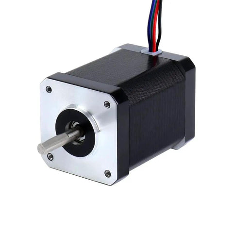 Beefy Nema 17 Bipolar Stepper Motor with 60Ncm Torque 2.1A 1.7 Ohm Resistance, front angle view showing shaft and wiring.