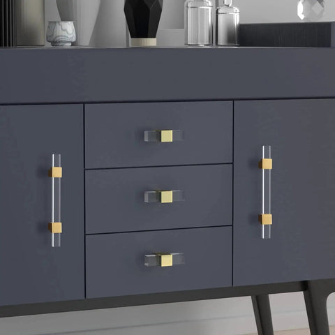 10 Pack 5 Inch Gold Acrylic Drawer Pulls With Seven Point Five Inch Overall Length on grey kitchen cabinet