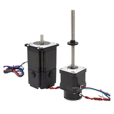 Front view of two NEMA17/23 stepper motors with lead screws; black metal housings and wiring.