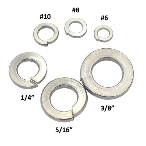 Stainless steel split lock washers, six-piece set in 1/4, 5/16, 3/8 in sizes, 304 stainless, Amazon