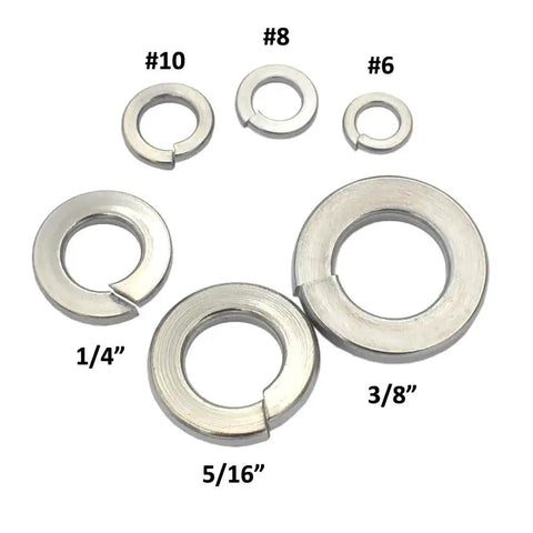 Heavy Duty 304 Stainless Steel Spring Lock Washers 100 Pack 5/16 Inch Durable Split Lock Rings in various sizes, labeled