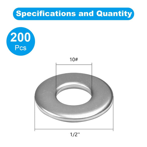 Flat washer, 200 pcs, 1/2 in OD, 304 stainless steel SAE hardware washers