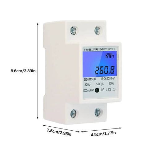 No Fuss Single Phase Energy Meter 5 To 80A DDM15SC With LCD Display and 2P LED DIN Rail Wattmeter