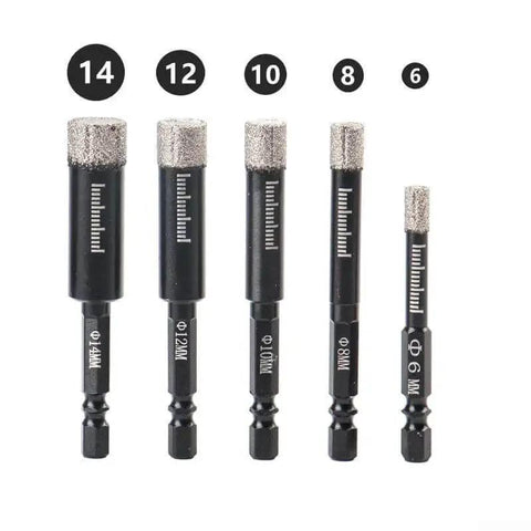Diamond Dry Drill Bit Set For Marble Ceramic Tile Glass Granite And Concrete With Internal Cooling Wax, varying sizes.