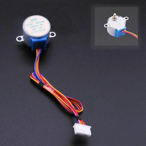 28BYJ-48 stepper motor with ULN2003 driver, 5V, silver can and blue base; multicolor wires with white 5-pin connector