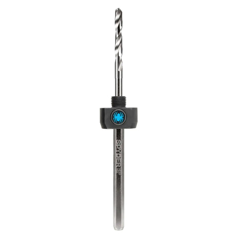 Hex8 Quick Change Hole Saw Arbor Kit With HSS Pilot Bit For Wood Metal And Plastics Three Eighths Inch Hex Shank One Quarter Inch HSS Drill Bit One Half Inch Thread Spyder Rapid Core Eject For Easy Core Removal, front view.