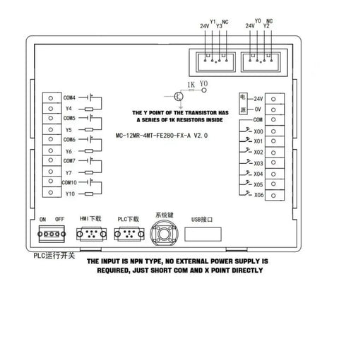 Wiring diagram for All In One PLC HMI With 2.8 Inch Touch Screen Display, Seven Input Five Relay Outputs, Four Transistor Outputs FX1S Compatible