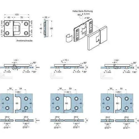 Detailed technical drawing of shower door hinge 180 degree glass to glass right hand polished chrome plated brass for frameless showers
