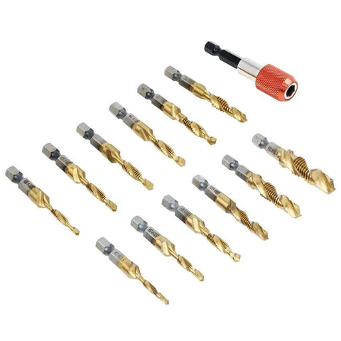 Titanium-Coated Combination Drill Tap Bit Set, 13 Piece SAE and Metric Kit for Quick Threading, Drilling, Tapping, Deburring and Countersinking