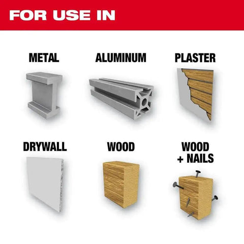 Diagram showing materials for use with Ice Hardened Bi Metal Hole Saw 1 Inch; metal, aluminum, plaster, drywall, wood, wood and nails