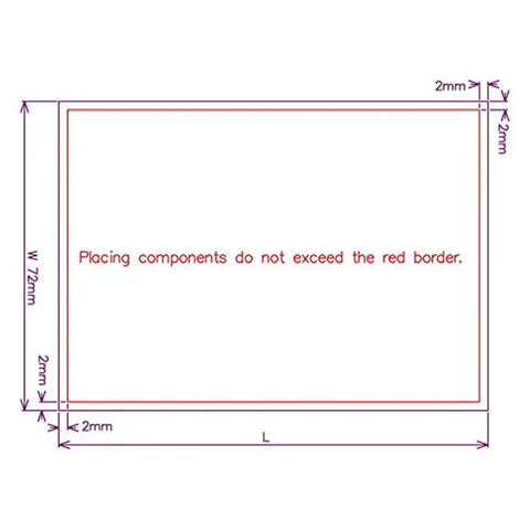 Diagram of PCB DIN Rail Mount Carrier fitting 100mm by 72mm circuit boards, with component placement guidelines.