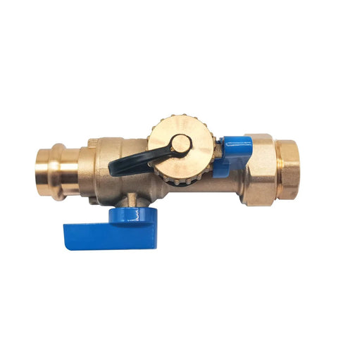 Brass 3/4 in tankless water heater isolation valve kit with pressure relief, female threaded x press, blue handles