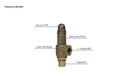 Brass pressure relief valve with 1-inch female NPT inlet and 1-inch male NPT outlet; lead-free, heavy-duty, set to 75 PSI.