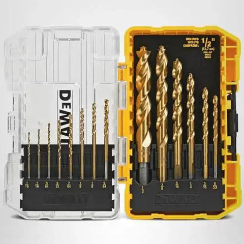 Titanium Nitride Coated 14 Piece Drill Bit Set For Wood Metal And Plastic With Connectable Storage System And Patented Bit Bar Design