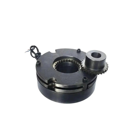 Electromagnetic brake housing (front view): round black unit with side gear