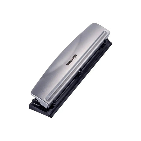 Rock Solid 3 Hole Punch For Office And Home Use With 12 Sheet Capacity Heavy Duty Metal Construction Rubber Base Sleek Silver Finish