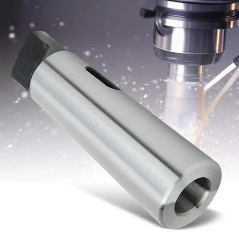 Morse taper reduction sleeve MT5 to MT3 adapter, silver metal, side view