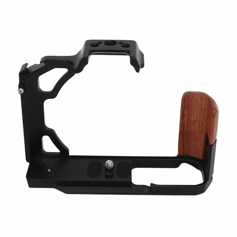 Wood Handle Aluminum Camera Cage Rig With 1/4 Inch And 3/8 Inch Screw Holes, Cold Shoe Mount, Vertical Video Mounts, Lightweight Yet Sturdy Aluminum Alloy Build For On The Go Shoots