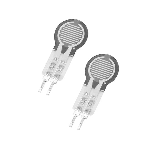 Two Haosie disk force-sensitive resistors, 20 g–2 kg range, thin-film pressure sensors with dual leads.