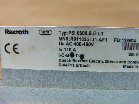Psi6000 Series Inverter PSI 6300.637L1 R911330141-AF1 industrial label showing specifications and part number